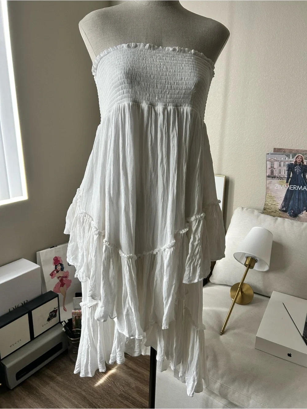 Free people White Strapless Tiered Midi Dress